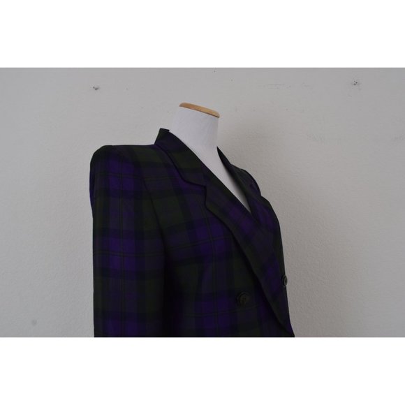 Vintage 90s Green and Purple Plaid Rayon Blazer by KASPER size 8 - Picture 5 of 10